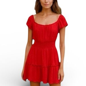 American Eagle Red Smocked Off Shoulder Mini Dress Petite SP
